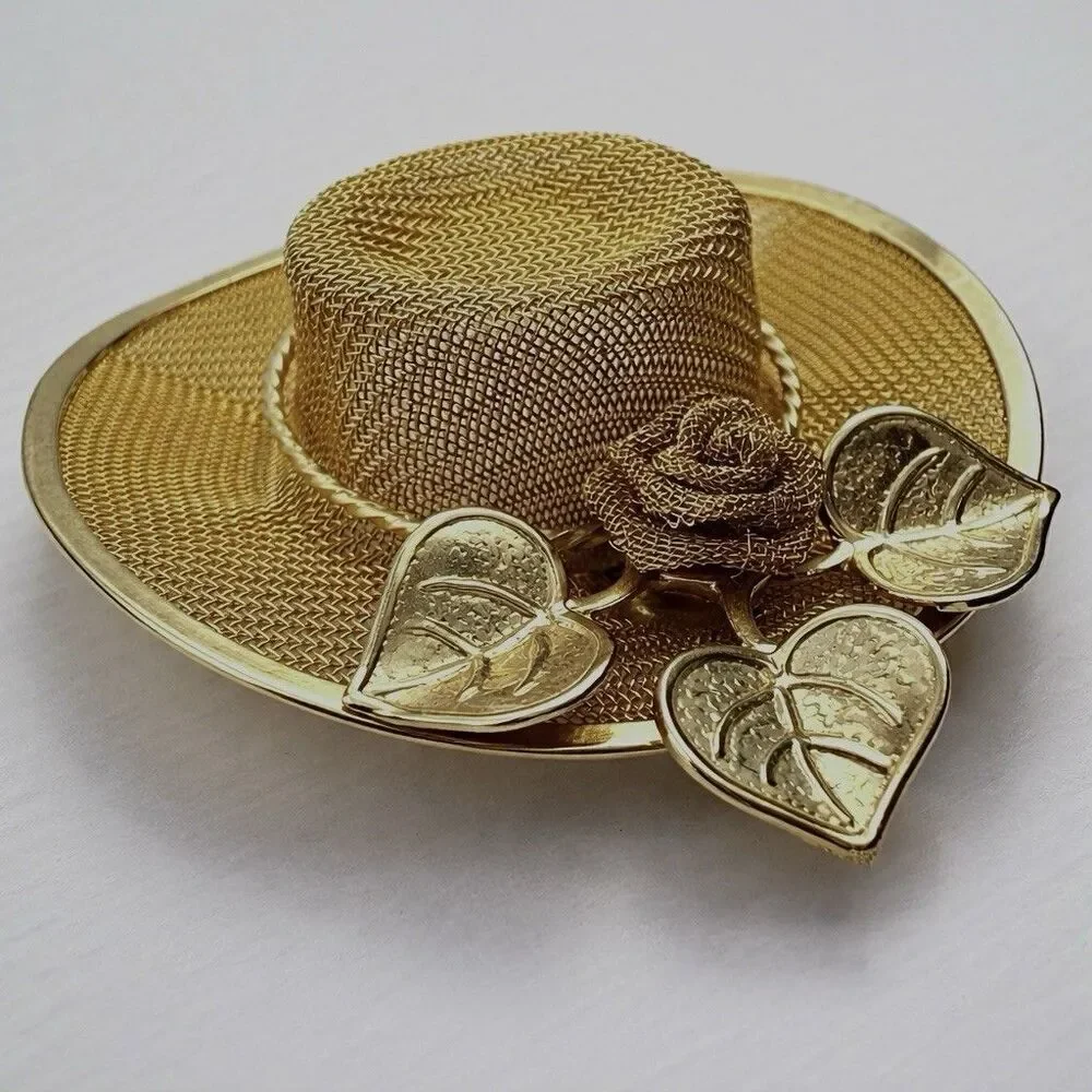 Vintage Gold Tone Mesh Hat Brooch Pin Floral Leaves Statement Retro